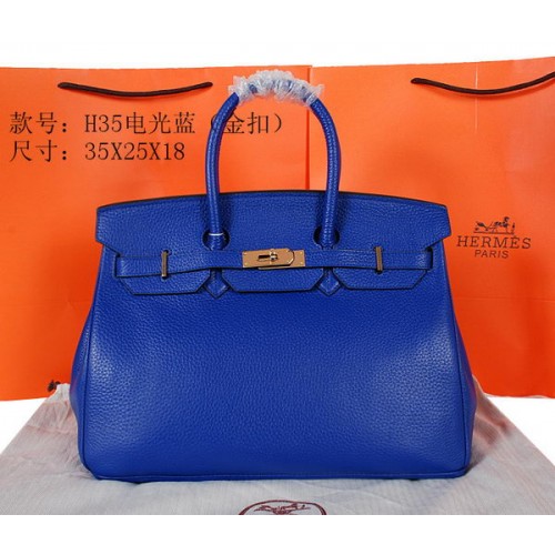 Geantă Hermes Birkin 35CM, albastră, din piele granulată originală, H35, aurie