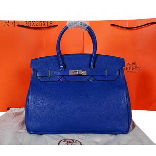 Geantă Hermes Birkin 35CM, albastră, din piele granulată originală, H35, argintie