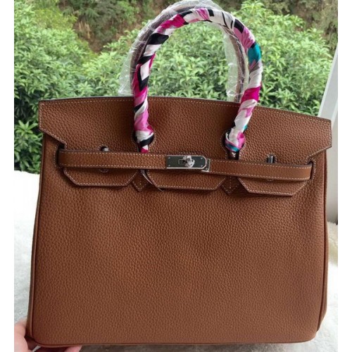Geantă Hermes Birkin 35CM din piele maro litchi BK35 argintie