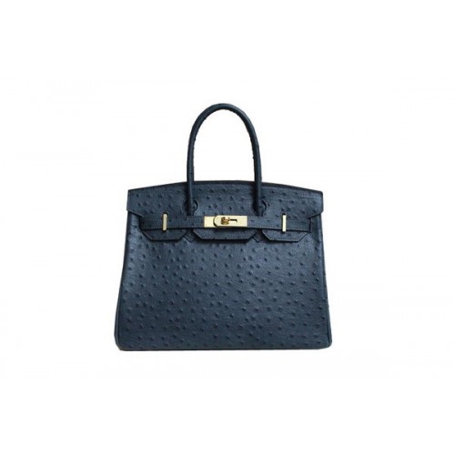 Geantă Hermes Birkin 35CM din piele de struț albastru închis BK35 aurie