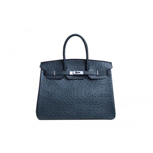 Geantă Hermes Birkin 35CM din piele de struț albastru închis BK35 argintie