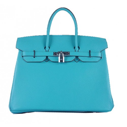 Geantă Hermes Birkin 35CM, albastru deschis, piele granulată, argintie