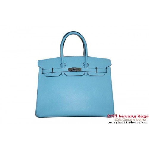 Geantă Hermes Birkin 35CM din piele, albastru deschis, cu model de palmier, H6089, argintie