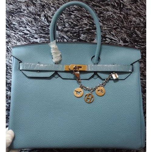 Geantă Hermes Birkin 35CM din piele Litchi HB35GL Albastru deschis