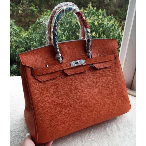 Geantă Hermes Birkin 35CM din piele de vițel portocalie BK35 argintie