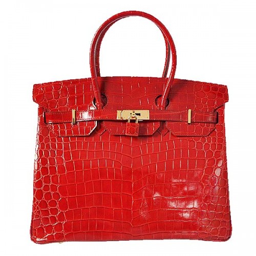 Geantă Hermes Birkin 35CM, piele roșie iridescentă croco, aurie