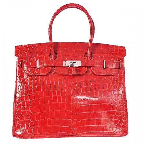 Geantă Hermes Birkin 35CM, piele de crocodil iridescentă roșie, argintie