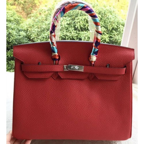 Geantă Hermes Birkin 35CM din piele roșie Litchi BK35 argintie