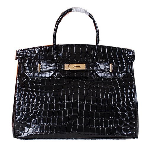 Geantă Hermes Birkin 35CM din piele lucioasă Croco H35C neagră