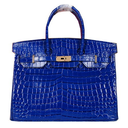Geantă Hermes Birkin 35CM din piele lucioasă Croco H35C albastră
