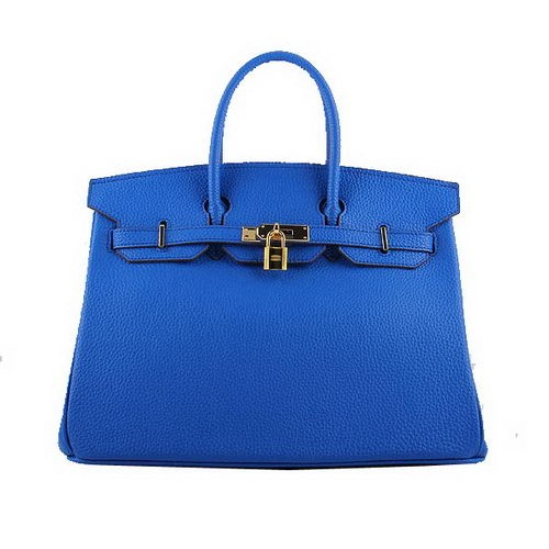 Genți tote Hermes Birkin 35CM din piele albastră granulată H-35 aurii