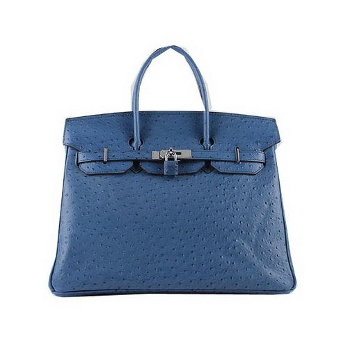 Genți tote Hermes Birkin 35CM din piele de struț albastră H6089 argintii