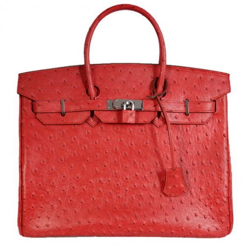 Hermes Birkin 35CM Genți Tote din piele de struț Togo Roșii Argintii