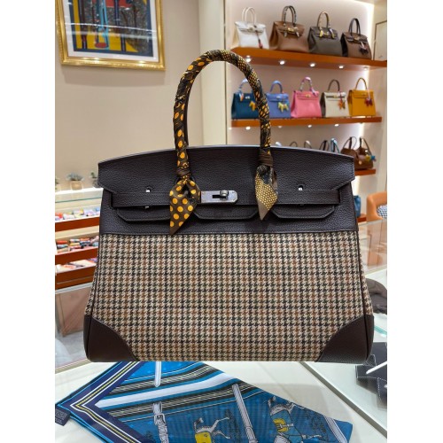 Geantă Hermes Birkin din piele originală 35CM 17888 Houndstooth maro închis