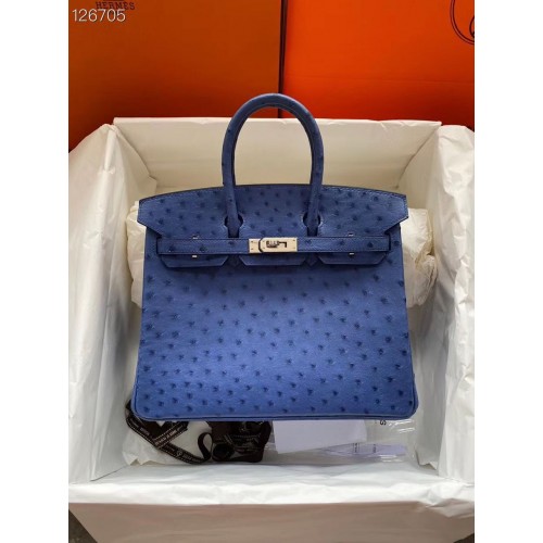 Geantă Hermes Birkin din piele originală, piele de struț HBK2530, albastru închis