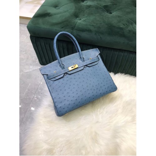 Geantă Hermes Birkin din piele originală, piele de struț, HBK2530 albastră