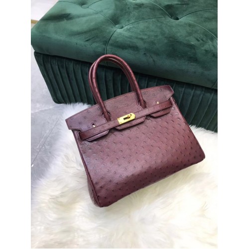 Geantă Hermes Birkin din piele originală, piele de struț HBK2530, culoare vișinie