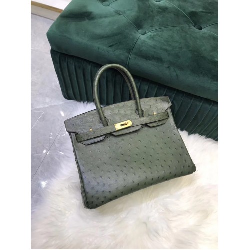 Geantă Hermes Birkin din piele originală, piele de struț HBK2530 verde negricios
