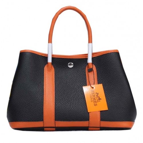 Genți tote Hermes Garden Party 30cm din piele granulată, negre și portocalii