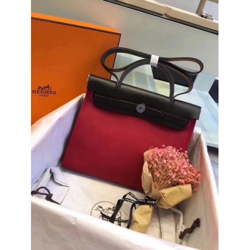 Hermes Herbag 31CM Original Canvas Leather Calfskin 45987 Black&Red