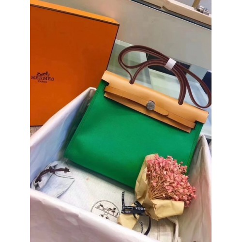 Hermes Herbag 31CM Original Canvas Leather Calfskin 45987 Verde și Caisă