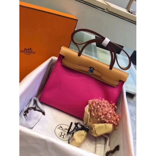 Hermes Herbag 31CM Original Canvas Leather Calfskin 45987 Roz și Maro