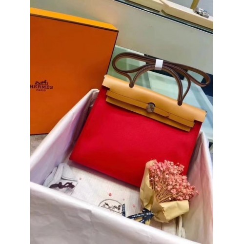 Hermes Herbag 31CM Original Canvas Leather Calfskin 45987 Red&Apricot