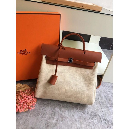 Hermes Herbag 31CM Original Canvas Leather Calfskin 45987 maro și alb
