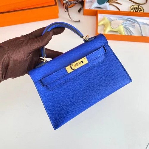 Genți de umăr Hermes Kelly 19cm din piele Epsom KL19 cu accesorii aurii, albastru electro optic