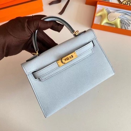 Genți de umăr Hermes Kelly 19cm din piele Epsom KL19 cu accesorii aurii, albastru ghețar