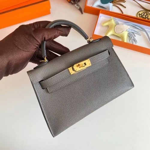 Genți de umăr Hermes Kelly 19cm din piele Epsom KL19 cu hardware auriu gri