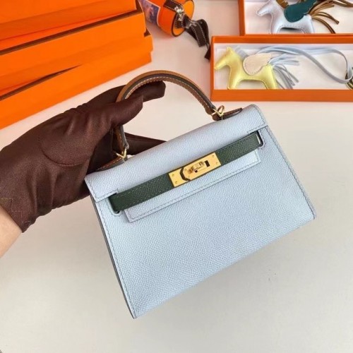 Genți de umăr Hermes Kelly 19cm din piele Epsom KL19 cu accesorii aurii, albastru deschis și verde