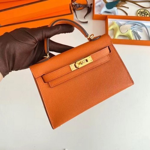 Genți de umăr Hermes Kelly 19cm din piele Epsom KL19 cu accesorii aurii portocalii