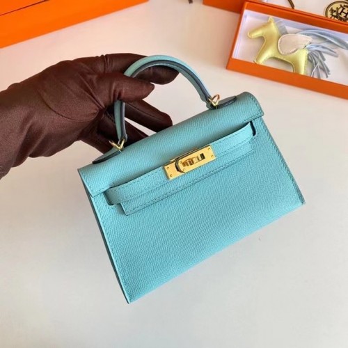 Genți de umăr Hermes Kelly 19cm din piele Epsom KL19 cu accesorii aurii, albastru deschis