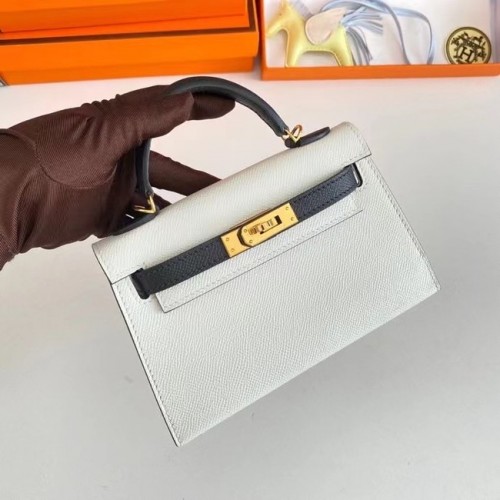 Genți de umăr Hermes Kelly 19cm din piele Epsom KL19 cu accesorii aurii, alb și negru