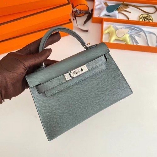 Genți de umăr Hermes Kelly 19cm din piele Epsom KL19 cu accesorii argintii Verde migdală