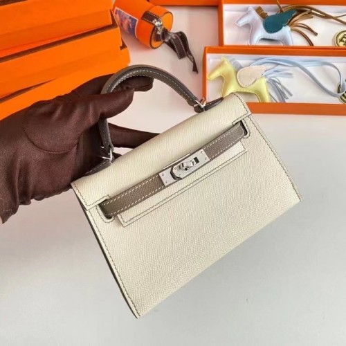 Genți de umăr Hermes Kelly 19cm din piele Epsom KL19 cu accesorii argintii crem și gri