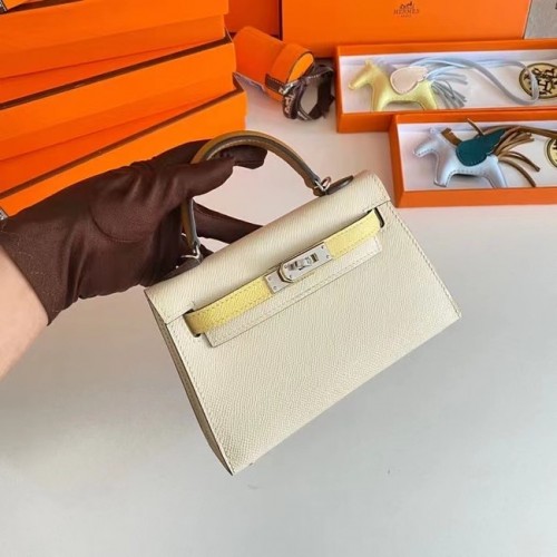 Genți de umăr Hermes Kelly 19cm din piele Epsom KL19 cu accesorii argintii crem și galben