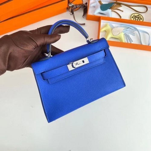 Genți de umăr Hermes Kelly 19cm din piele Epsom KL19 cu accesorii argintii, albastru electro optic
