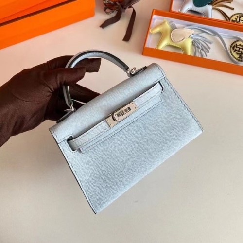 Genți de umăr Hermes Kelly 19cm din piele Epsom KL19 cu accesorii argintii, albastru ghețar