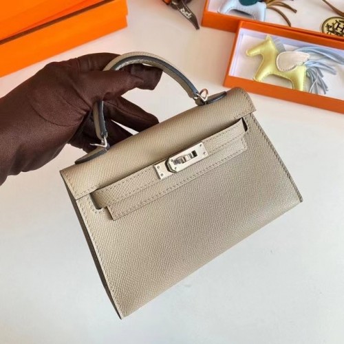 Genți de umăr Hermes Kelly 19cm din piele Epsom KL19 cu accesorii argintii, gri perlat