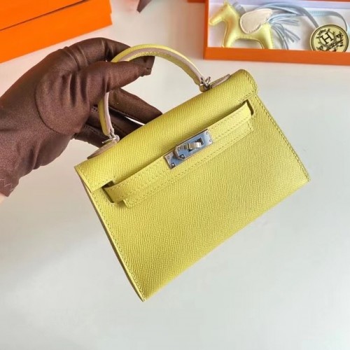 Genți de umăr Hermes Kelly 19cm din piele Epsom KL19 cu accesorii argintii, lămâie