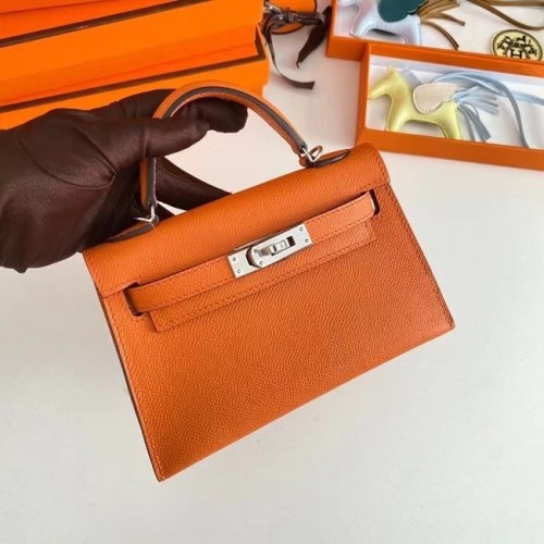 Genți de umăr Hermes Kelly 19cm din piele Epsom KL19 cu accesorii argintii portocalii
