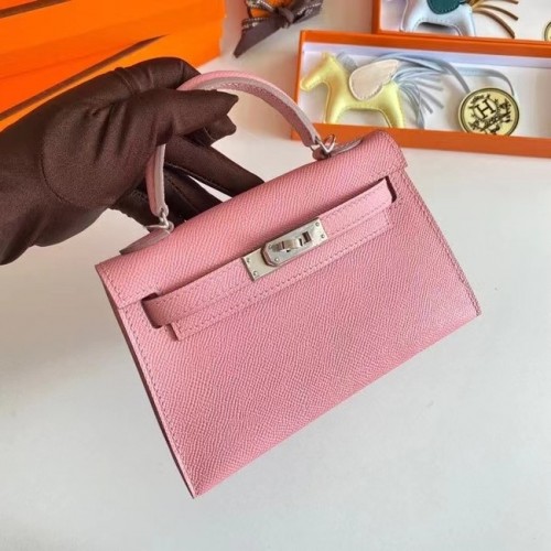 Genți de umăr Hermes Kelly 19cm din piele Epsom KL19 cu accesorii argintii roz
