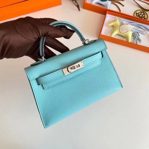 Genți de umăr Hermes Kelly 19cm din piele Epsom KL19 cu accesorii argintii, albastru deschis