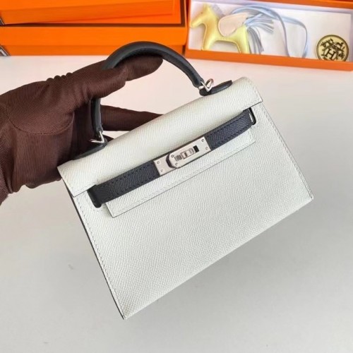 Genți de umăr Hermes Kelly 19cm din piele Epsom KL19 cu accesorii argintii, alb și negru