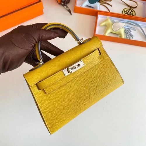 Genți de umăr Hermes Kelly 19cm din piele Epsom KL19 cu accesorii argintii, galbene