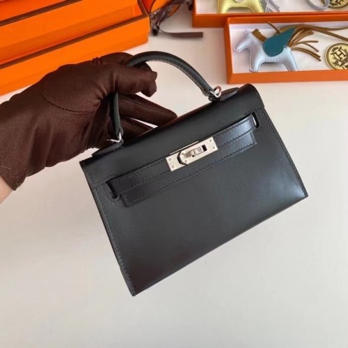 Genți de umăr Hermes Kelly 19cm cutie din piele KL19 hardware argintiu negru