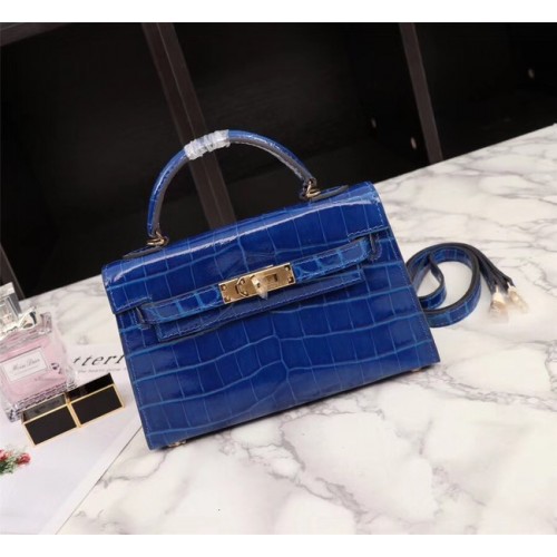 Geantă Hermes Kelly 19cm din piele de crocodil KL19 albastră