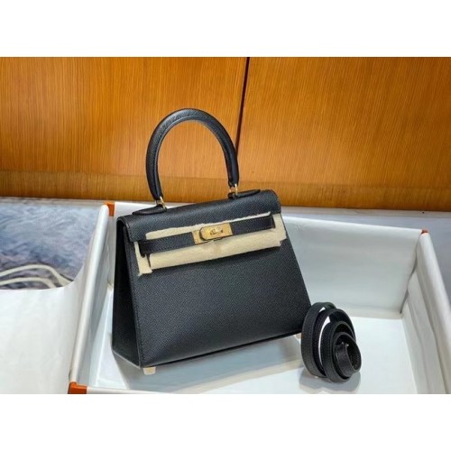 Genți de umăr Hermes Kelly 20cm Epsom KL2750 negru și auriu